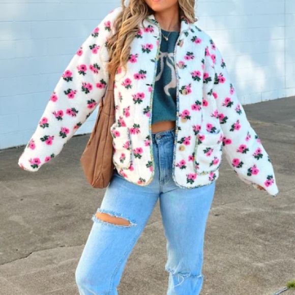 Off White Floral Print Sherpa Jacket Contrast Piping Detail - Picture 3 of 8